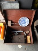*Vintage Tin Trunk Containing Carpet Sweeper, Blue & White Plate, Mallet, etc.