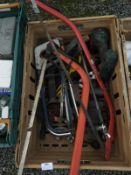 *Box of Assorted Hand Tools; Hack Saws, Bow Saws, Bosch Cordless Drill, Engineers Vice, etc.