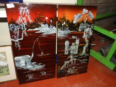 *Pair of Oriental Lacquered Plaques Inlaid with Mother of Pearl