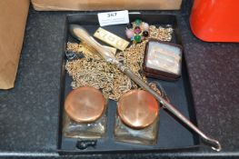 Inkwells, Button Hook, Costume Jewelry etc