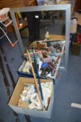 Two Boxes of Household Goods & Silver Framed Mirro