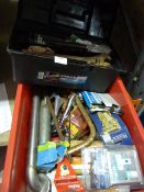 Toolbox and Tools Including Drill Bits, Saw, Door