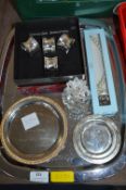 Tray Lot of Plated Napkins, Dishes, plus Costume Jewellery, etc.