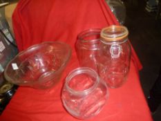 *glass fruit bowl and 4 x jars