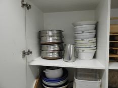 *Four Stainless Steel Copper Bottomed Balti Dishes, Ten Ceramic Bowls, and a Stainless Steel Jug