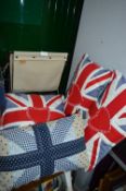 Ferm Newspaper Rack and Four Union Jack Cushions