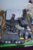 Play Station, Nintendo 64 plus Controllers, etc.