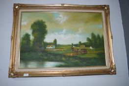 Gilt Framed Oil on Canvas - Country Scene