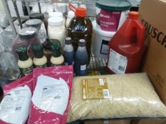 * large sauce and dry store selection - including 5L olive oil, BBQ sauce, Tarte sauce, salt,