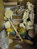 Box of Decorative Turned Wood Fittings, Vases, etc