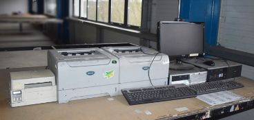 1 x Assorted Lot of Computer Equipment - Includes 2 x Desktop PCs, 1 x Monitor, and 3 x Printers