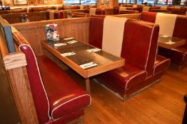 6 x Double Seating Booths and 5 x Tables - Upholstered in a Red and Cream Retro Style Faux Leather