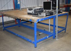 2 x Workbenches With Adustable Blue Metal Frames - Approx Size H90 x W240 x D120 cms - Ref FE186 -