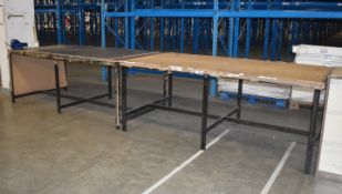 2 x Workbenches With Black Metal Frames and Vice - Approx Size H92 x W240 x D120 cms - Ref FE208