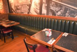 1 x Long Baquet Seating Bench Upholstered in Green Faux Leather With Ribbed Back - 18 Feet in Length