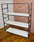 1 x Four Tier Shelf Unit With Metal Frame and Wood Shelves - Fitted With Castor Wheels - H144 x W120