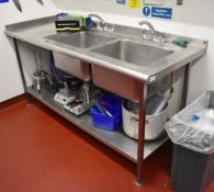 1 x Stainless Steel Double Sink Basin Wash Stand With Mixer Taps, Undershelf and Corner Upstand -