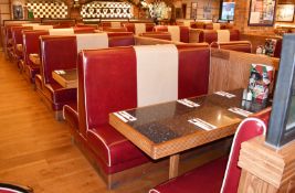 7 x Double Seating Booths and 6 x Tables - Upholstered in a Red and Cream Retro Style Faux Leather