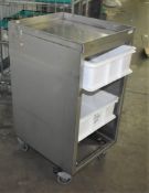1 x Stainless Steel Mobile Trolley With Plastic Shelves and Deep Top - H103 x W52 x D62 cms -