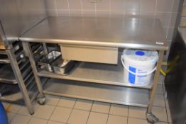 1 x Stainless Steel Prep Table on Castors - Features Undershelves and Central Drawer - H87 x W120
