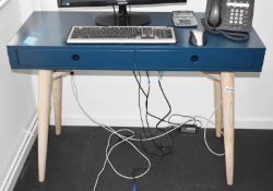 1 x Designer Office Desk With Drawers - Features a Dark Blue Gloss Finish With Wood Legs