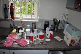 1 x Assorted Collection of Kitchen Accessories Including Cutlery, Cups, Plates, Glasses, Foods etc