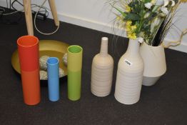1 x Assorted Collection 5 x Vases With Artificial Pants, Decorative Tray, Fruit Bowl With Plastic