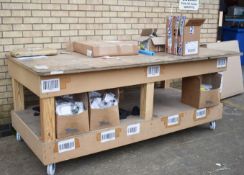 1 x Large Workbench On Heavy Duty Lockable Castor Wheels - Dimensions H96 x W240 x D120 cms