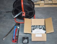 Assorted Collection of Pallet Banding Equipment - Include Reel of Strap, Bander, Fastener and Box of