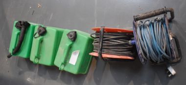 Assorted Lot to Include 3 x Petrol Cans and 2 x Reel Extension Cables - Ref 405 - CL501 -