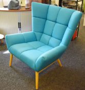 1 x Wingback Inspired Retro Loung Armchair With Blue Fabric Upholstery and Beech Legs