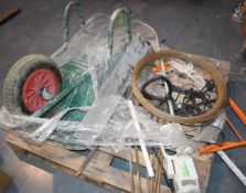 Assorted Pallet of Garden Tools to Include Viking Hedge Strimmer, Wheel Barrow and More - Ref