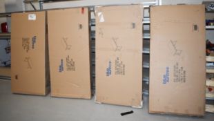 4 x Blue Suntree Ellwood Trestle Office Desks in White With Wooden Legs - Unchecked Customer Returns