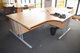 Set of 4 x Beech Office Desks With Grey Frames - Includes 2 Left Hand and 2 Right Hand Desks -