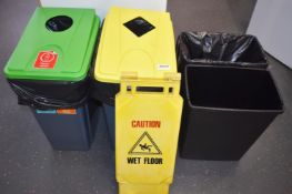 Assorted Collection of Recycling Bins, Waste Bins and Wet Floor Sign