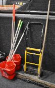 1 x Assorted Collection to Include Various Mops and Mop Buckets, Sack Truck and Sweeping Brush