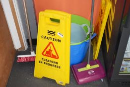 1 x Assorted Lot of Cleaning Accessories Including Brushes, Wet Floor Signs and Buckets