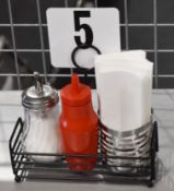 27 x Table Condiment Holders With Table Numbers, Sugar Dispensers, Ketchup Bottles & Napkin Holders