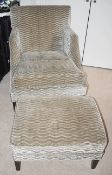 1 x Large Lounge Chair + Matching Foot Stool - Both Richly Upholstered In A Champagne Chenille