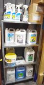 Large Collection of Cleaning Fluids With Storage Shelf, Various Tubs of Paint and More!