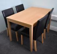 1 x Dining Table and Chair Set - Features Beech Dining Table and Four Brown Faux Leather Chairs