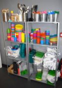 2 x Metal Shelving Units With Contents of Kitchen Accessories - Includes Plastic Plates and Cups