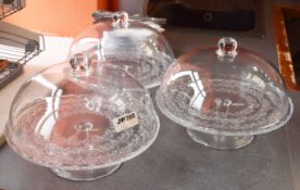 3 x Glass Cake Stand Displays With Dome Lids and Decorative Bases - 30cm Diameter