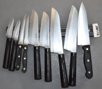 9 x Kitchen Knives With Wall Mounted Magnetic Holder