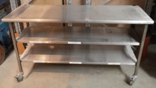 1 x Stainless Steel Commercial Kitchen Prep Table With Undershelves With Knife Block, On Castors