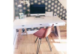 1 x Blue Suntree Ellwood Trestle Desk With a White Finish, Oak Legs and Three Storage Drawers -
