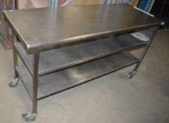 1 x Stainless Steel Commercial Kitchen Prep Table With Knife Block Undershelves, On Castors -