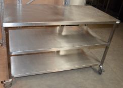 1 x Stainless Steel Commercial Kitchen Prep Table With Undershelves On Castors - Dimensions: W140