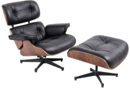 1 x Eames Inspired Lounge Chair With Matching Ottoman Footrest - Black Leather / Walnut Finish - New