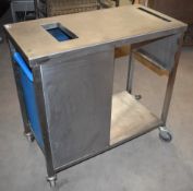 1 x Mobile Stainless Steel Prep Unit With Waste Chute, Bin and Knife Block Holder - H87 x W90 x